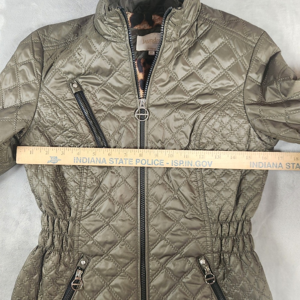 Laundry Shelli Segal Quilted Jacket Olive Green Leopard Lining Womens Sz XS Zips - Picture 4 of 6